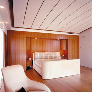 Ejemplo de habitación de invitados contemporánea, grande, sin chimenea, con paredes beige, suelo de madera en tonos medios y suelo marrón