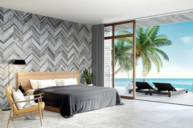Ejemplo de dormitorio principal costero con paredes grises, suelo gris, panelado, machihembrado y madera