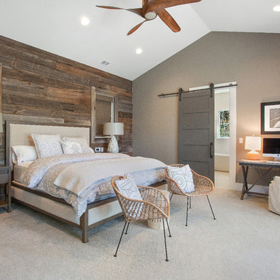 Mid-sized cottage master carpeted bedroom photo in San Francisco with green walls