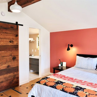 Idee per una camera matrimoniale eclettica di medie dimensioni con pareti arancioni, parquet chiaro, camino ad angolo e pavimento multicolore