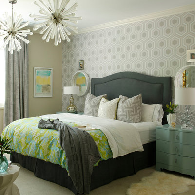 Bedroom - transitional carpeted and gray floor bedroom idea in Raleigh with gray walls