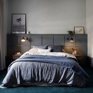Diseño de dormitorio principal, contemporáneo, grande, con moqueta, suelo azul y paredes blancas