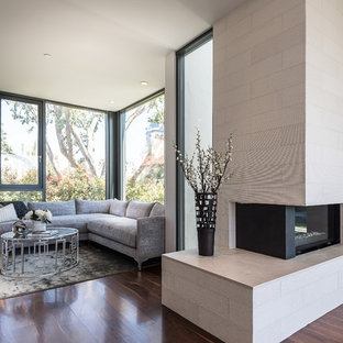 Foto de dormitorio principal, moderno, de tamaño medio, con paredes blancas, suelo de madera oscura, marco de chimenea de piedra y chimenea de esquina