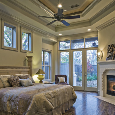 Bedroom - mediterranean bedroom idea in Dallas with a corner fireplace