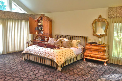 Bedroom - huge transitional master carpeted bedroom idea in New York with beige walls and a standard fireplace