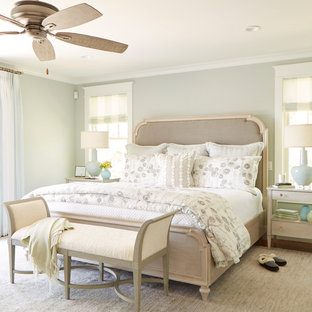 Example of a mid-sized transitional master medium tone wood floor and brown floor bedroom design in Boston with gray walls