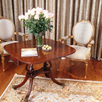 Antique breakfast table, gold leaf Louis chairs  &damask print velvet d