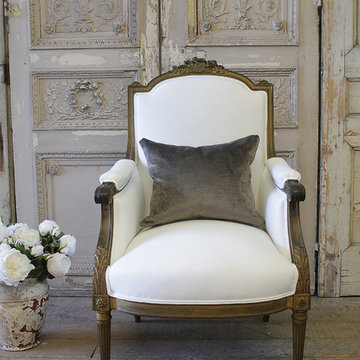Antique Louis XVI Style Giltwood Bergere Chair in White Linen