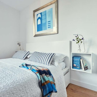 Example of a mid-sized beach style master light wood floor bedroom design in Dublin with white walls
