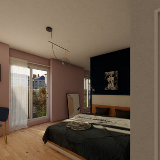 Esempio di una piccola camera matrimoniale minimalista con pareti rosa, pavimento con piastrelle in ceramica e pavimento beige