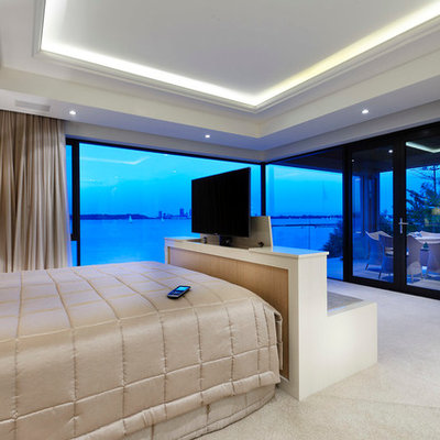Bedroom - mid-sized contemporary master carpeted bedroom idea in Perth with beige walls