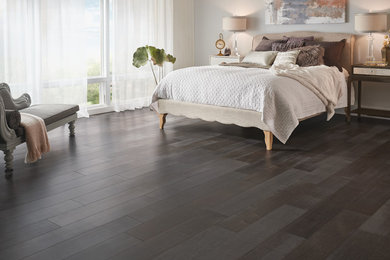 Mid-sized trendy master dark wood floor and brown floor bedroom photo in Tampa with white walls and no fireplace