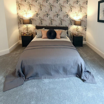 Art Deco inspired grey, pink and mustard master bedroom.