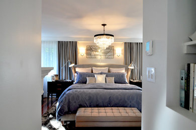 オタワにある中くらいなトランジショナルスタイルのおしゃれな主寝室 (青い壁、無垢フローリング)