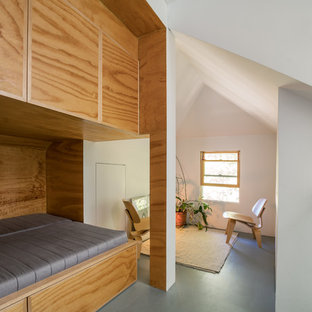 Foto de dormitorio tipo loft, minimalista, de tamaño medio, con paredes blancas, suelo de contrachapado y suelo gris