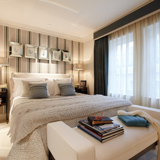 Inspiration for a medium sized traditional bedroom in London with carpet, white floors and beige walls.