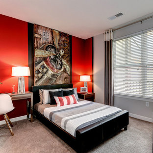 Imagen de dormitorio contemporáneo con paredes grises