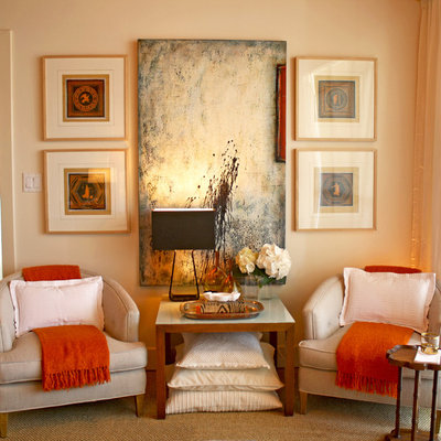 Example of a transitional carpeted bedroom design in Orange County with beige walls