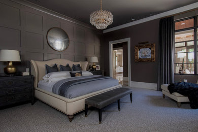 Inspiration for a mediterranean carpeted and gray floor bedroom remodel in Charleston with gray walls