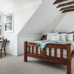 Small contemporary master bedroom in Sydney with white walls, carpet and grey floor.