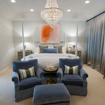 Mid-sized transitional master carpeted bedroom photo in Austin with gray walls and no fireplace