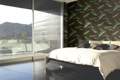 Imagen de dormitorio moderno con paredes multicolor
