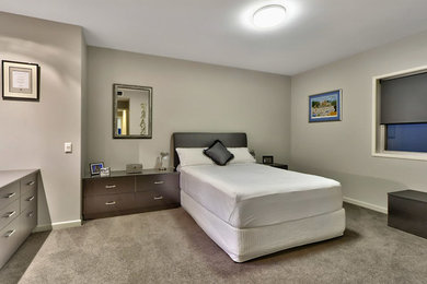Modelo de habitación de invitados actual extra grande con paredes grises, moqueta y suelo gris