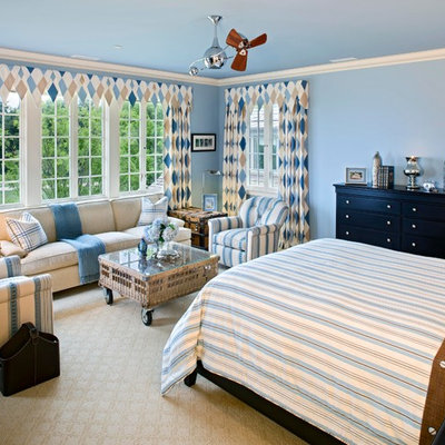 Elegant carpeted bedroom photo in DC Metro with blue walls
