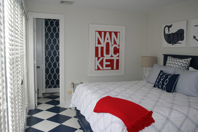 Bedroom - mid-sized coastal guest ceramic tile and blue floor bedroom idea in Boston with gray walls and no fireplace