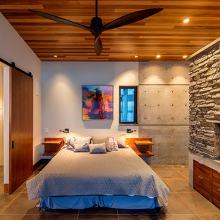 Imagen de dormitorio tipo loft, moderno, pequeño, con paredes blancas, suelo de baldosas de porcelana, chimenea de doble cara, marco de chimenea de piedra y suelo gris