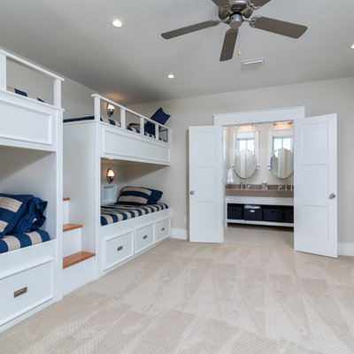 Bedroom - large coastal guest carpeted bedroom idea in Birmingham with beige walls and no fireplace