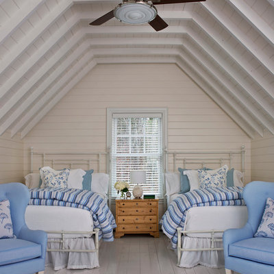 Inspiration for a large coastal guest light wood floor bedroom remodel in Other with beige walls