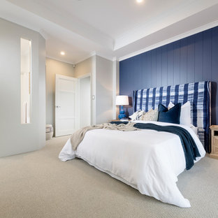 Inspiration for a beach style guest bedroom in Perth with grey walls, carpet and beige floor.