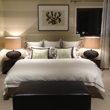 Beachside Bedroom, a welcoming bed with linen upholstered bed-head and leather o