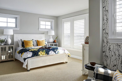 Inspiration for a coastal guest carpeted and beige floor bedroom remodel in Chicago with gray walls and no fireplace