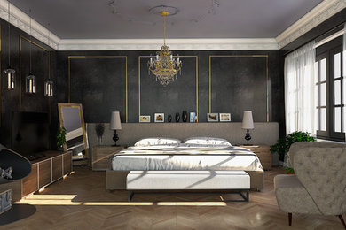 Idee per una camera degli ospiti moderna di medie dimensioni con pareti nere, pavimento in laminato, camino ad angolo, cornice del camino in metallo e pavimento marrone