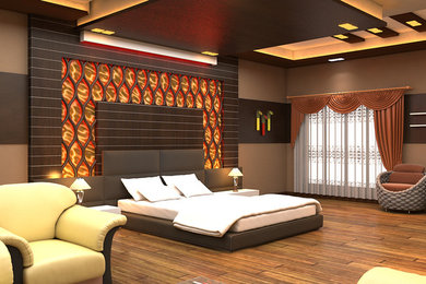 他の地域にある広いモダンスタイルのおしゃれな主寝室 (茶色い壁、クッションフロア、茶色い床)