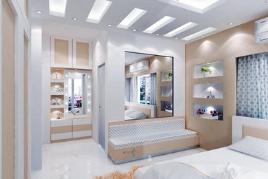 Foto de dormitorio principal actual de tamaño medio sin chimenea con paredes blancas, suelo de baldosas de cerámica y suelo blanco