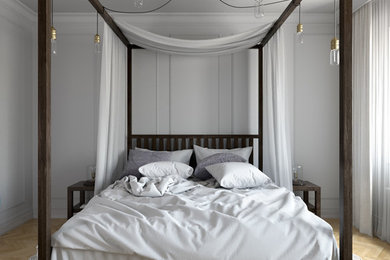 他の地域にある中くらいなコンテンポラリースタイルのおしゃれな主寝室 (淡色無垢フローリング、暖炉なし) のレイアウト