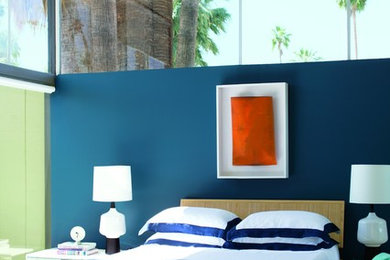 Large contemporary master bedroom in San Diego with blue walls, carpet and no fireplace.