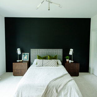 Modelo de habitación de invitados contemporánea con paredes negras, moqueta y suelo blanco