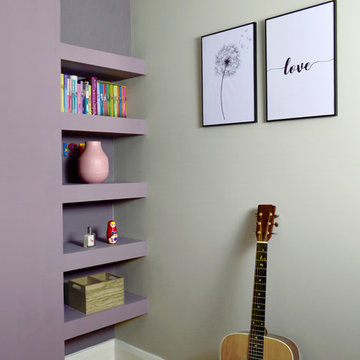 Bedroom corner detail showing shelving and colour scheme