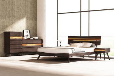 Modelo de habitación de invitados minimalista grande sin chimenea con paredes grises y suelo de madera clara