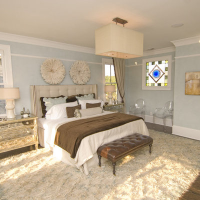 Inspiration for a contemporary medium tone wood floor bedroom remodel in Atlanta with blue walls