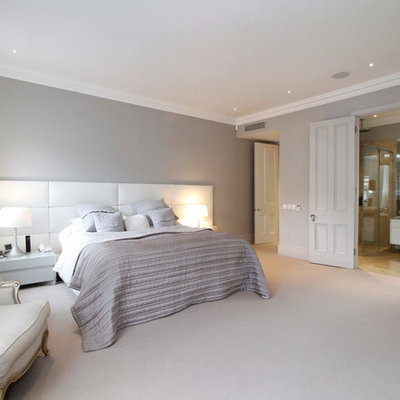 Bedroom - large contemporary master carpeted bedroom idea in London with gray walls and no fireplace