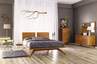 Foto de dormitorio principal contemporáneo extra grande sin chimenea con paredes grises, suelo de madera clara y suelo marrón