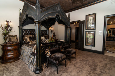 Example of a large ornate master carpeted bedroom design in Dallas with white walls