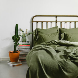 Imagen de habitación de invitados nórdica con paredes grises, suelo de cemento y suelo gris