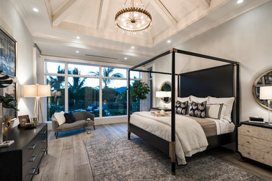 Inspiration for a contemporary master medium tone wood floor and gray floor bedroom remodel in Other with gray walls