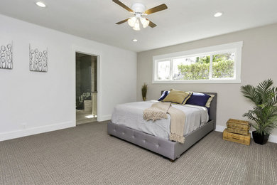 Imagen de dormitorio principal contemporáneo de tamaño medio sin chimenea con moqueta y paredes blancas